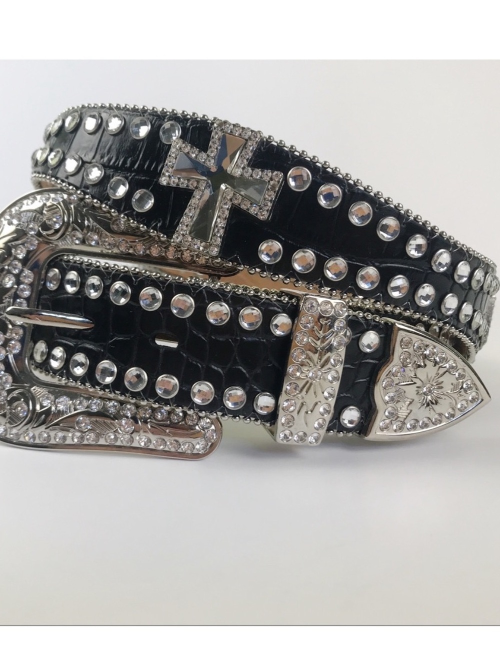 Blazin Roxx Black Croc Cross Rhinestone Western Belt Cowgirl Medium NWOT - Picture 3 of 14